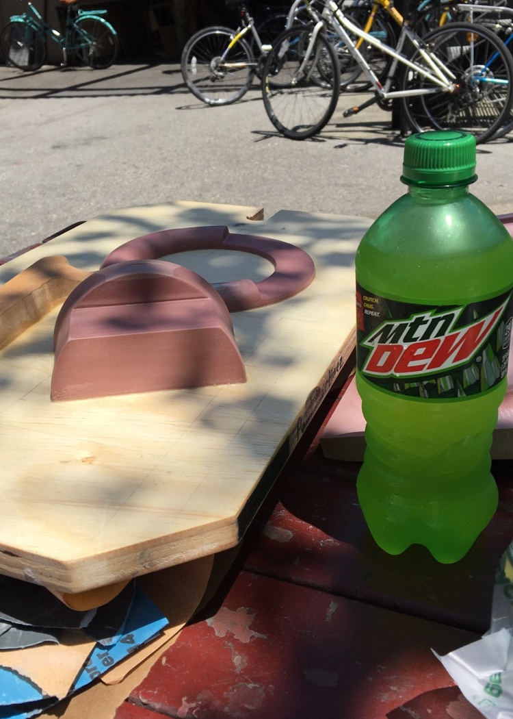 The completed pattern board, with a victory Mountain Dew for reaching a major milestone
